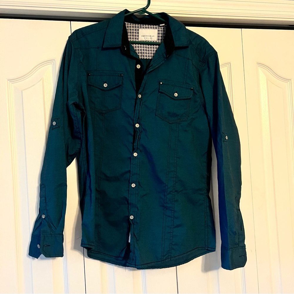 Paper Denim & Cloth Teal Patterned Collar Shirt Size XL